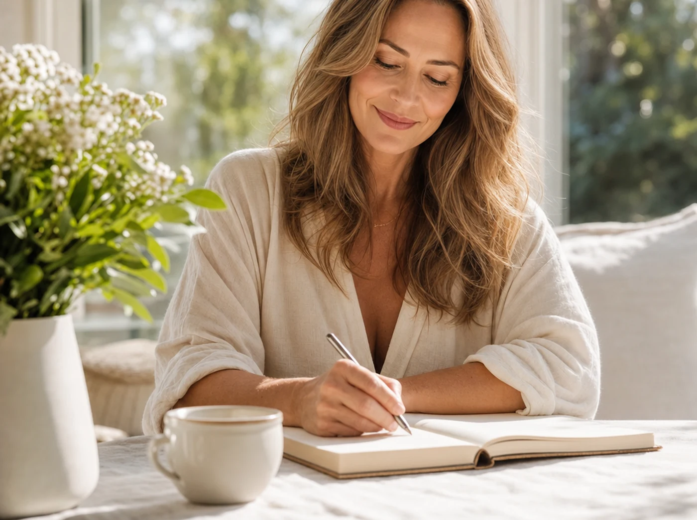 A woman journaling peacefully with tea