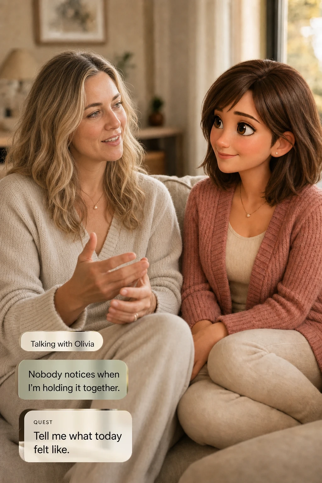 Quest companion chat — Talking with Olivia: Tell me what today felt like.