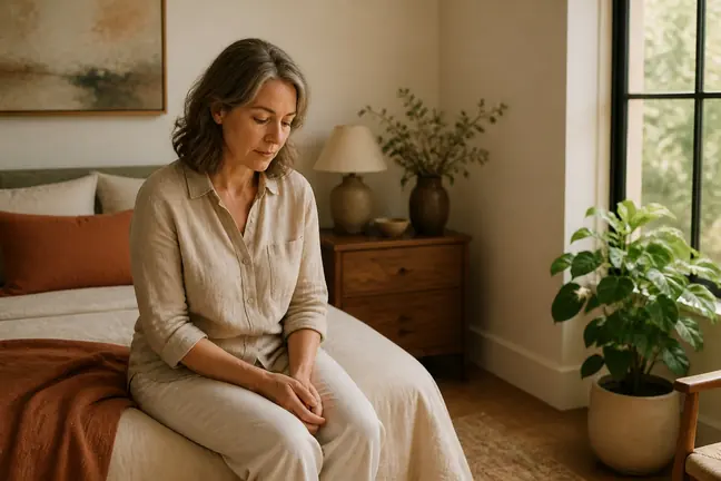 A woman sitting on the edge of a bed in a quiet room