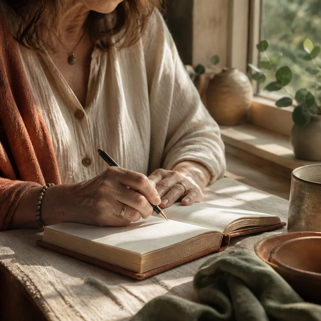 Hands writing in a cloth-bound journal